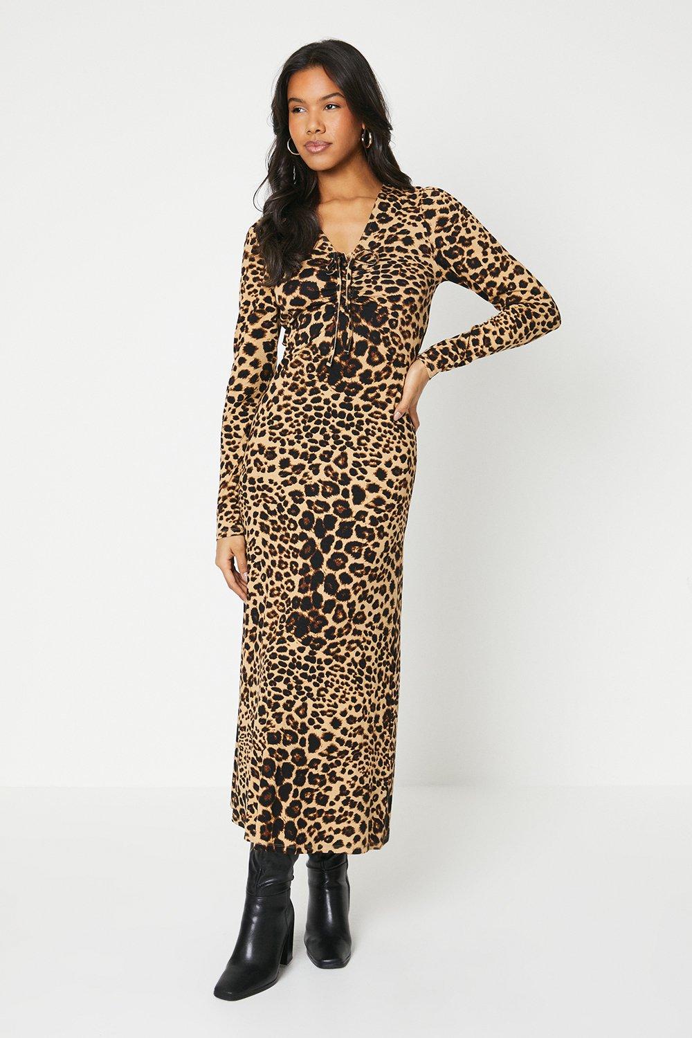 Womens Tall Leopard V Neck Tie Front Detail Midi Dress