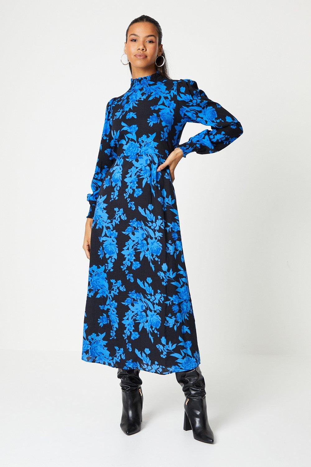 Womens Tall Floral Shirred Cuff Midi Dress