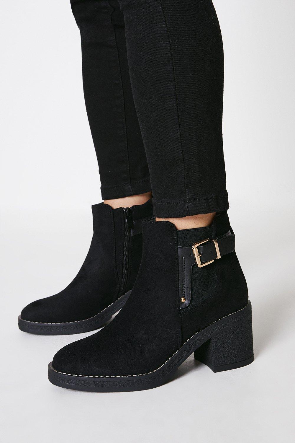 Womens Armour Buckle Mid Heel Ankle Boots