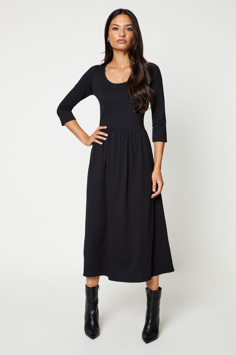 Women’s Scoop Neck 3/4 Sleeve Midi Dress - black - 10