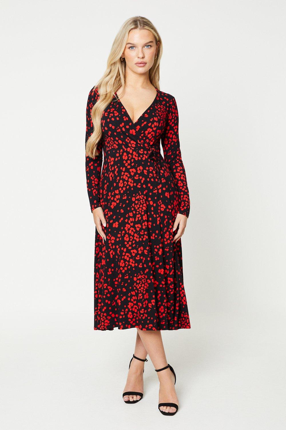 Womens Petite Red Abstract Wrap Midi Dress
