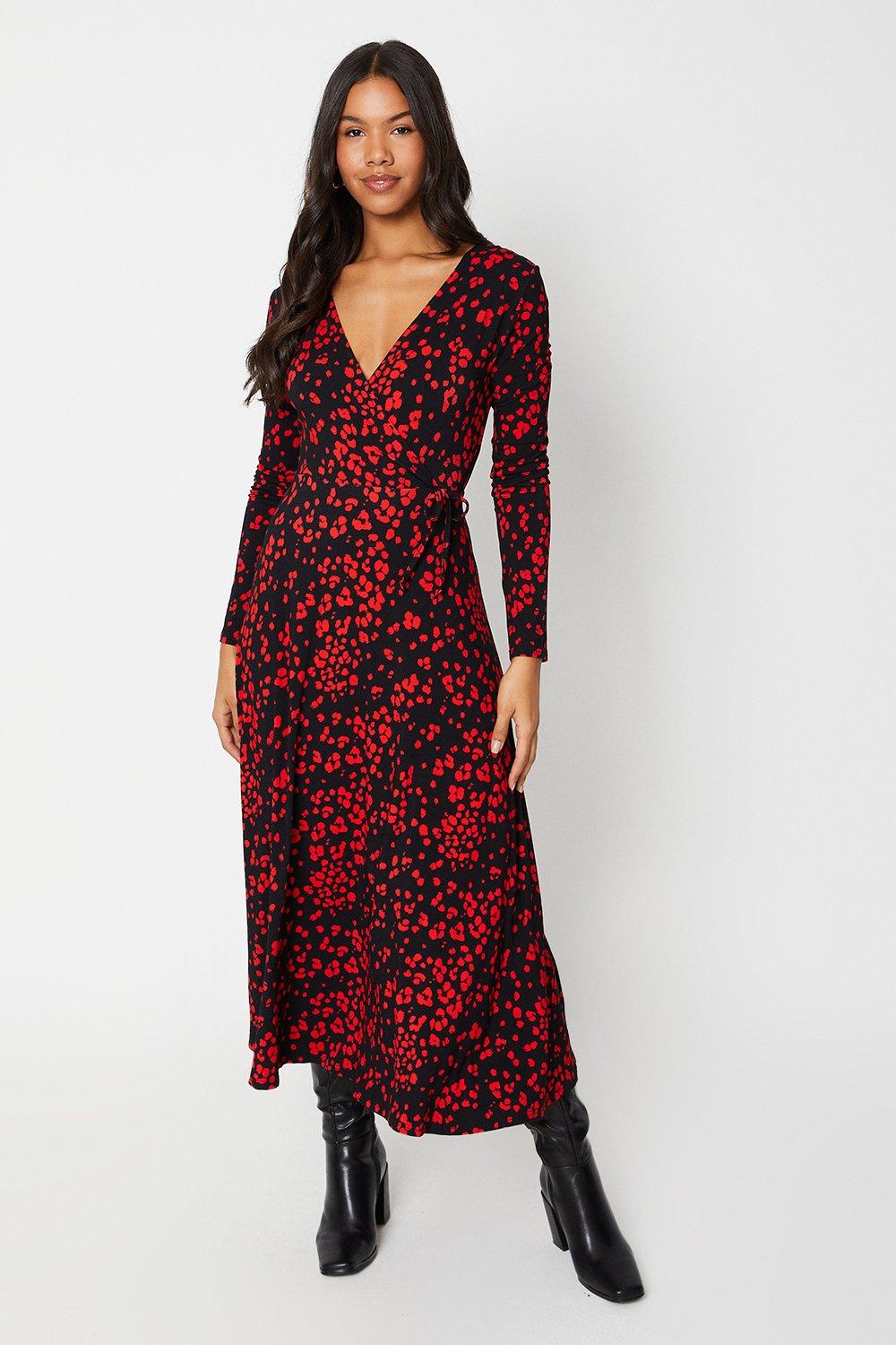 Womens Tall Red Abstract Wrap Midi Dress