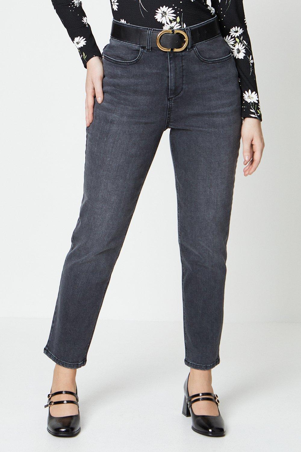Women's Double Waist Detail Mom Jeans - grey - 8