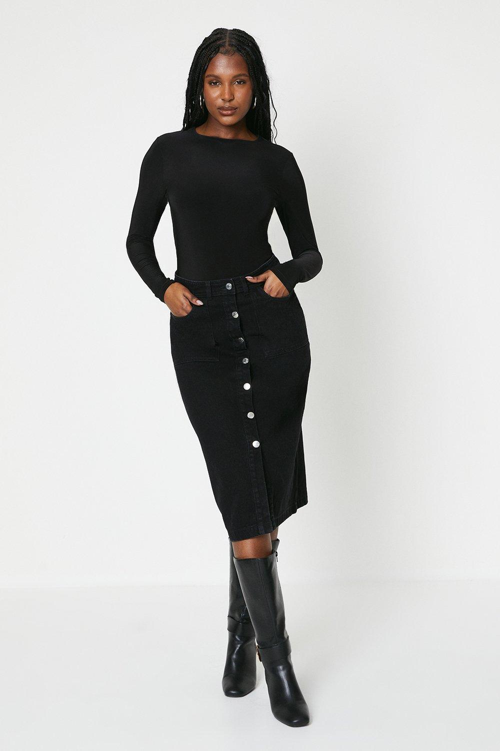 Women’s Denim Button Through Maxi Skirt - black - 18
