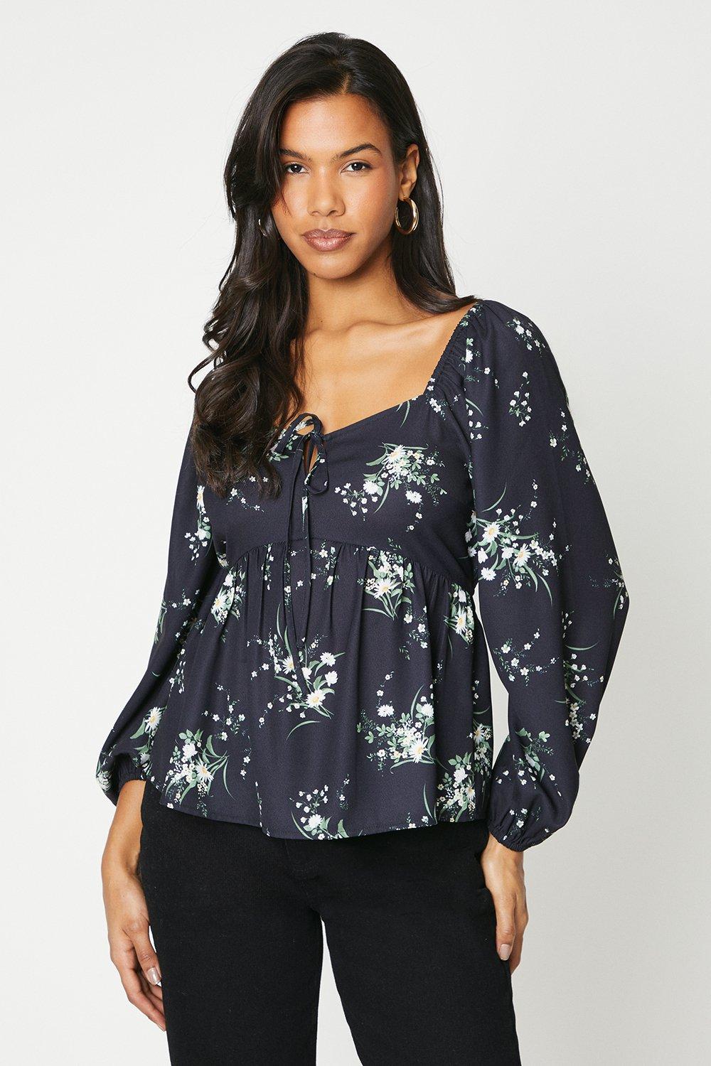 Womens Floral Tie Neck Long Sleeve Blouse