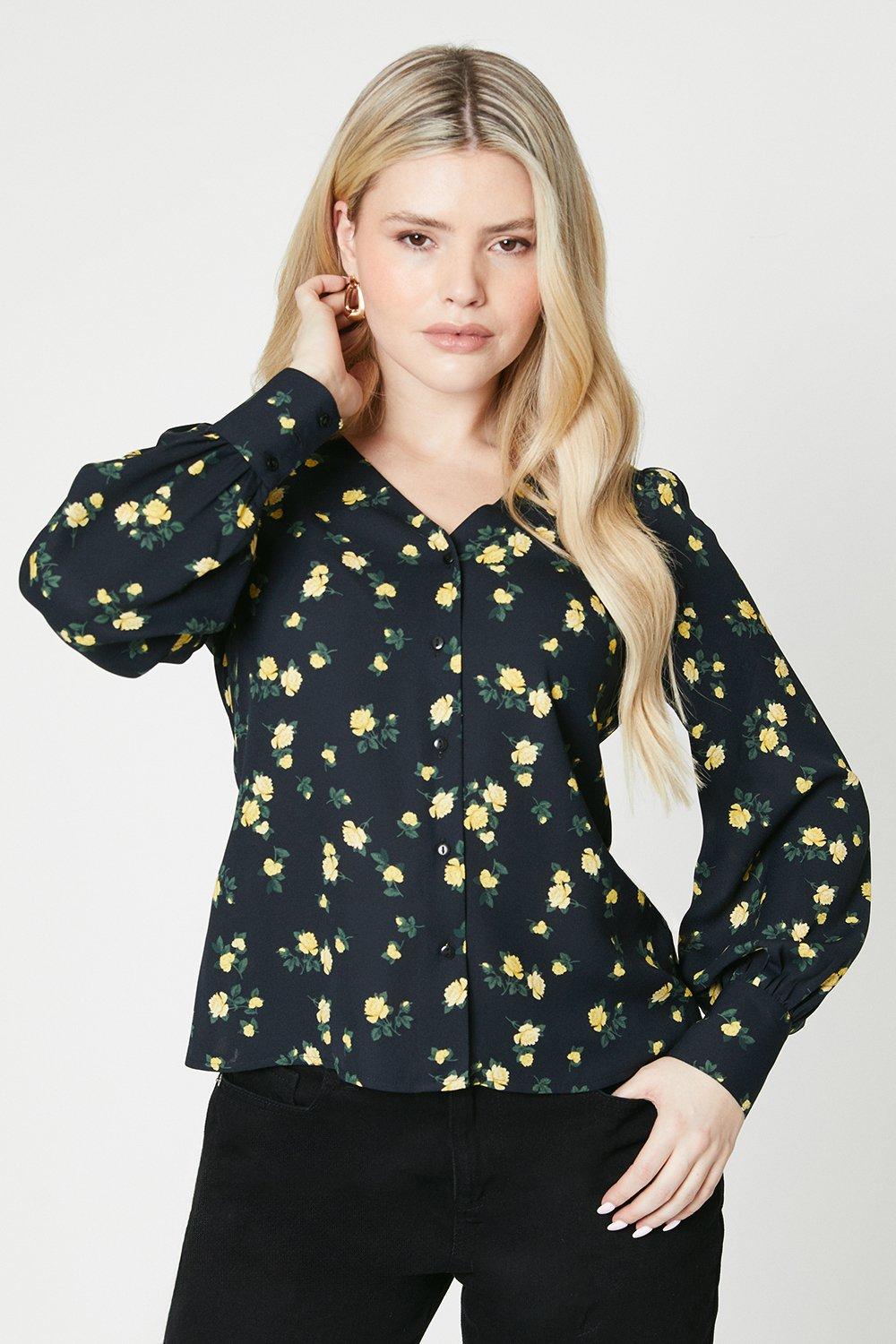 Womens Floral V Neck Button Though Blouse