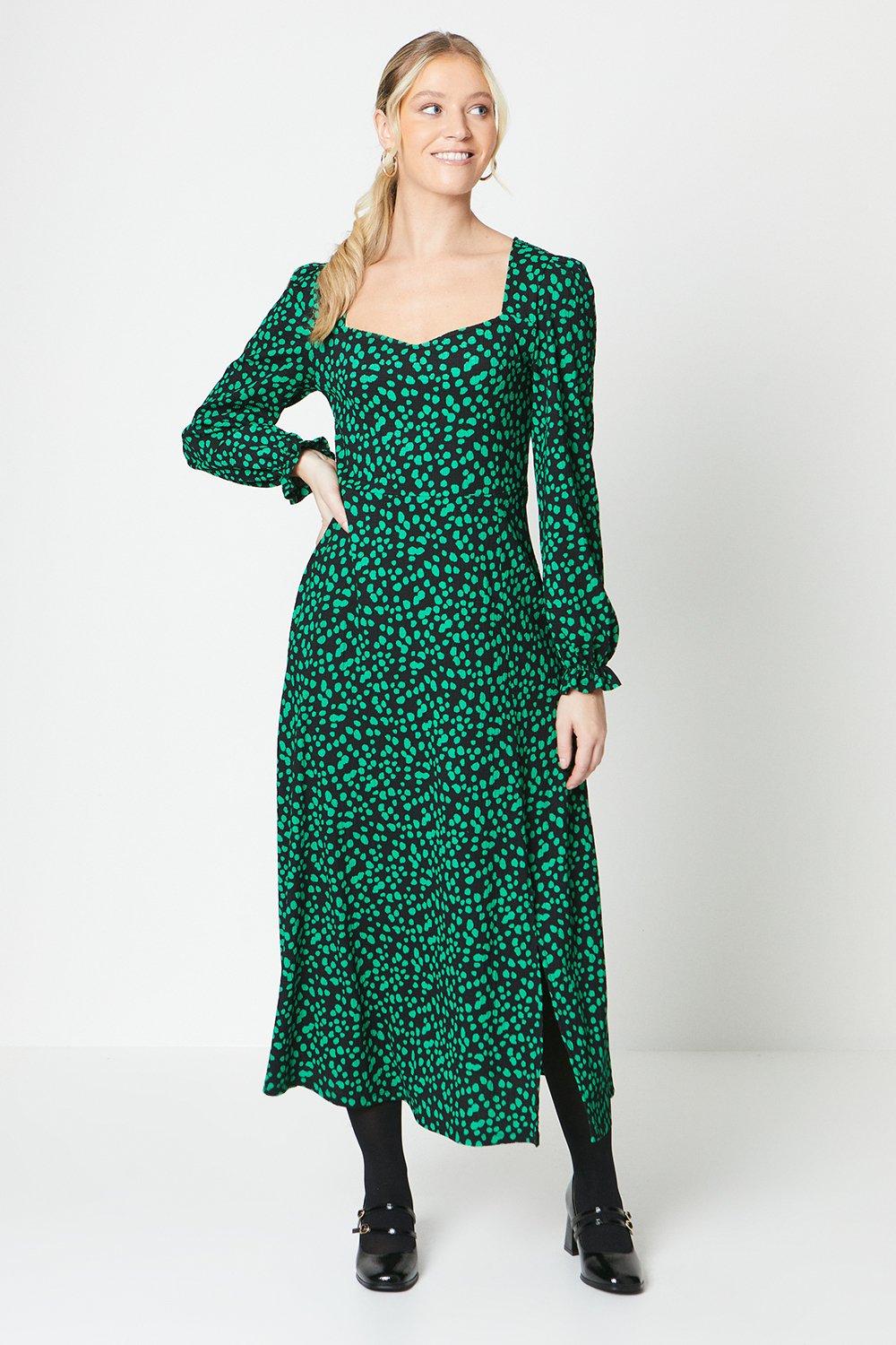 Womens Green Spot Sweetheart Neckline Midi Dress