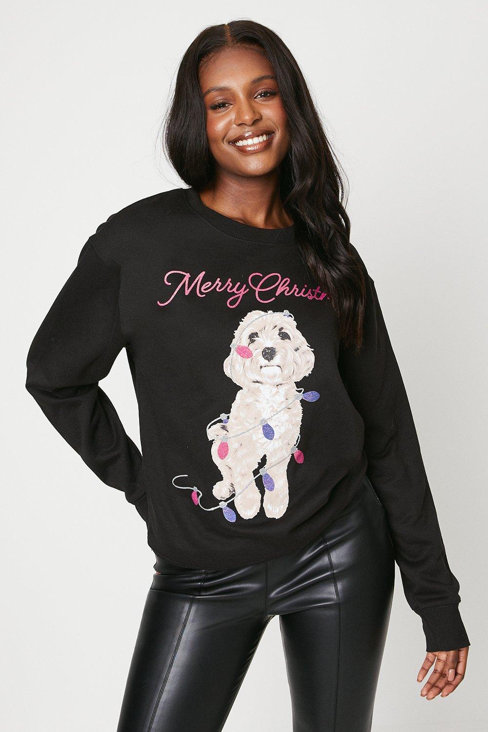 Women's Merry Christmas Dog Sweatshirt - black - L