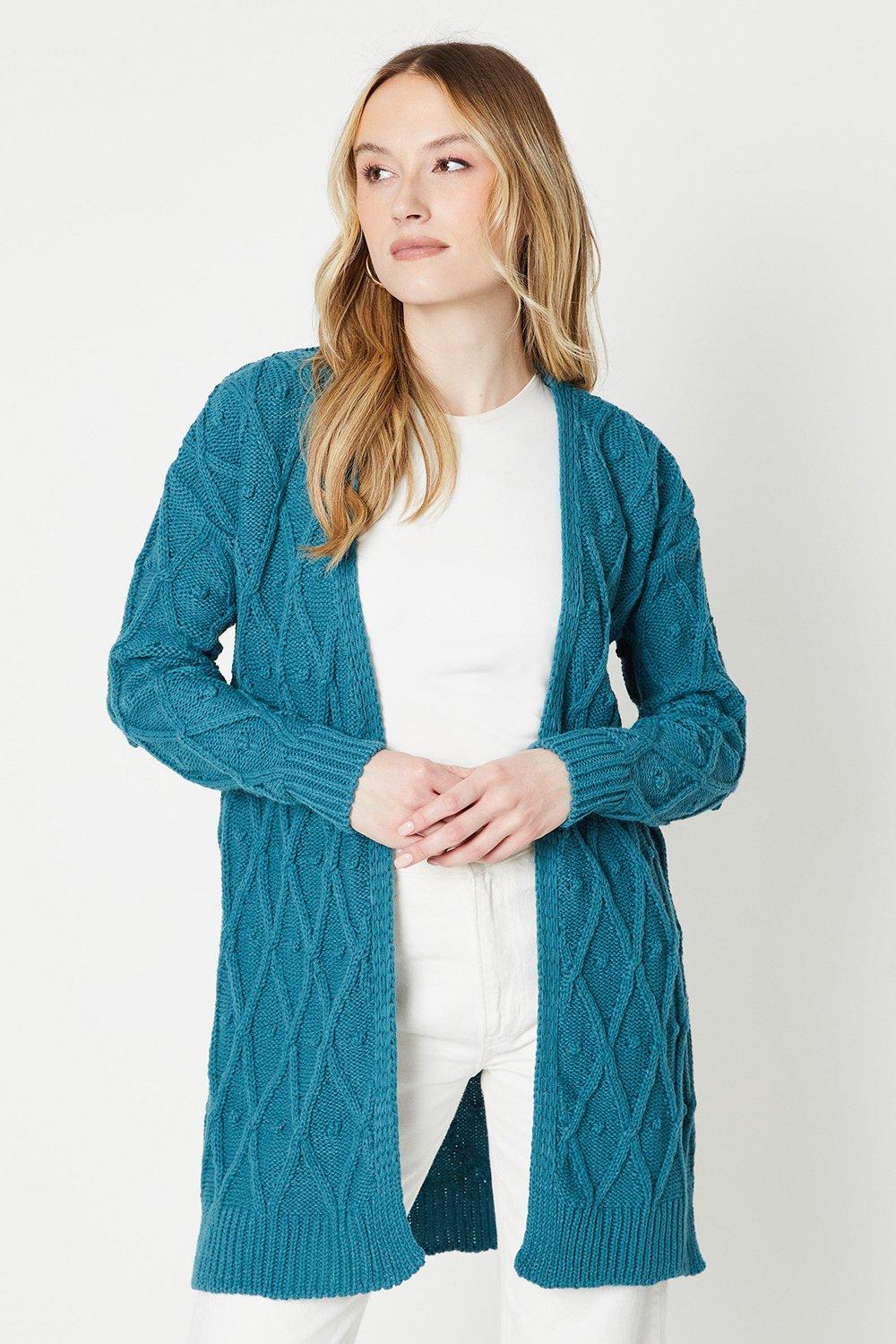 Women's Bobble Cable Cardigan - teal - M