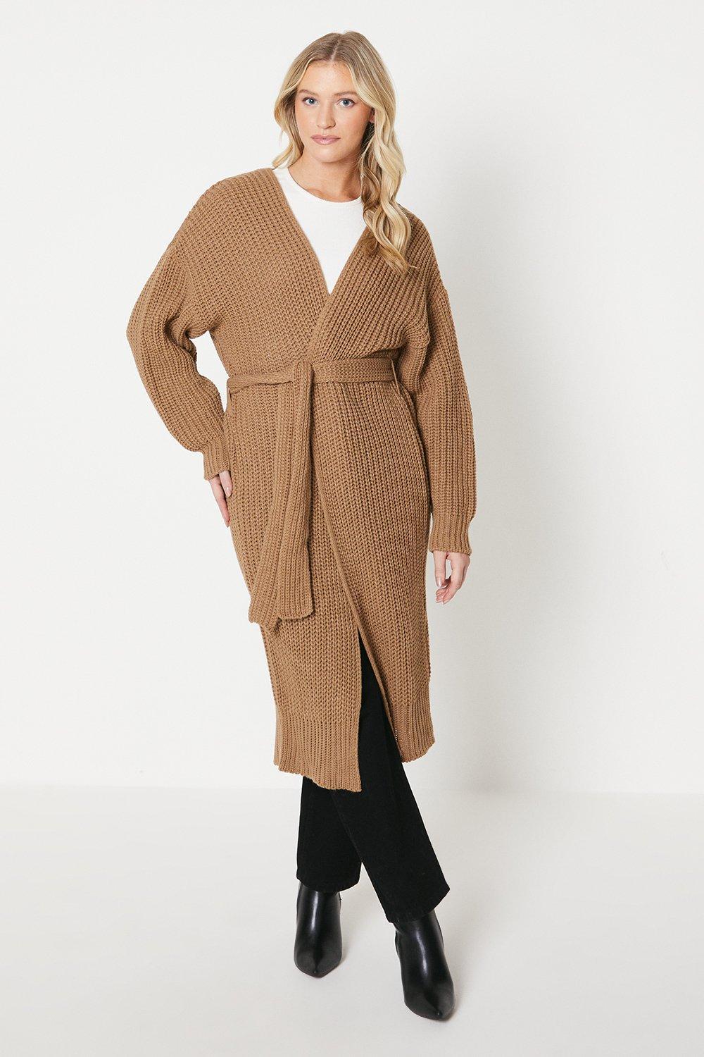 Camel Belted rib-knit cashmere maxi cardigan, Raey