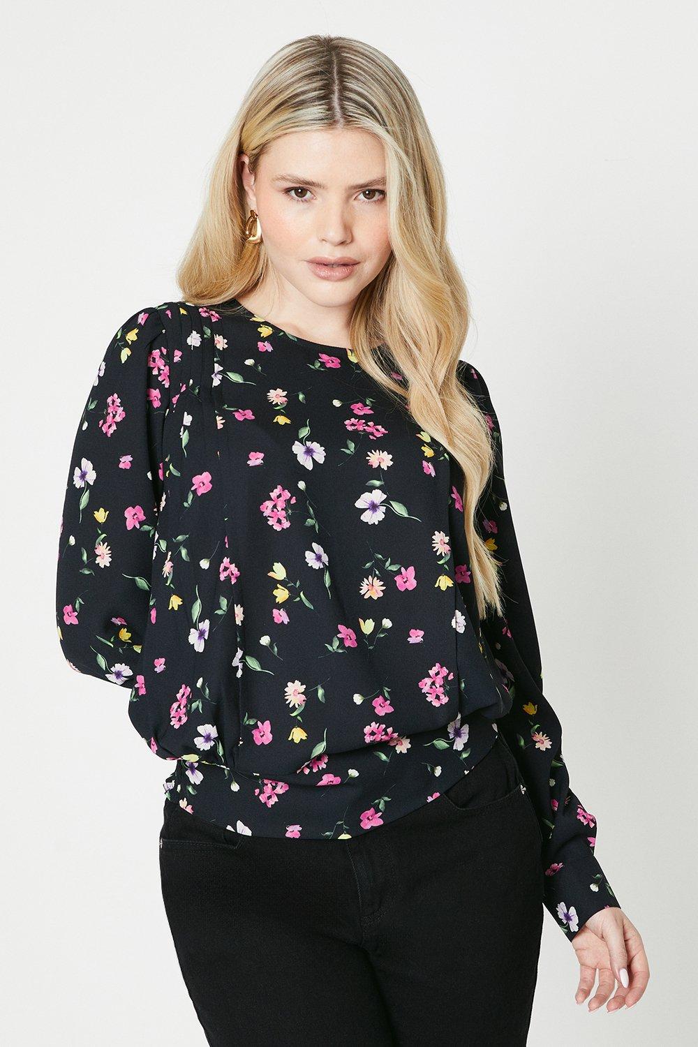 Womens Floral Pleat Front Long Sleeve Blouse