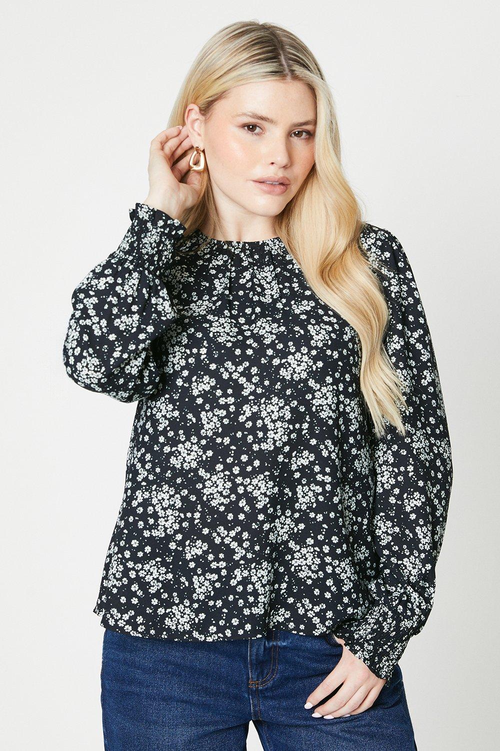 Womens Floral Shirred Cuff Long Sleeve Blouse