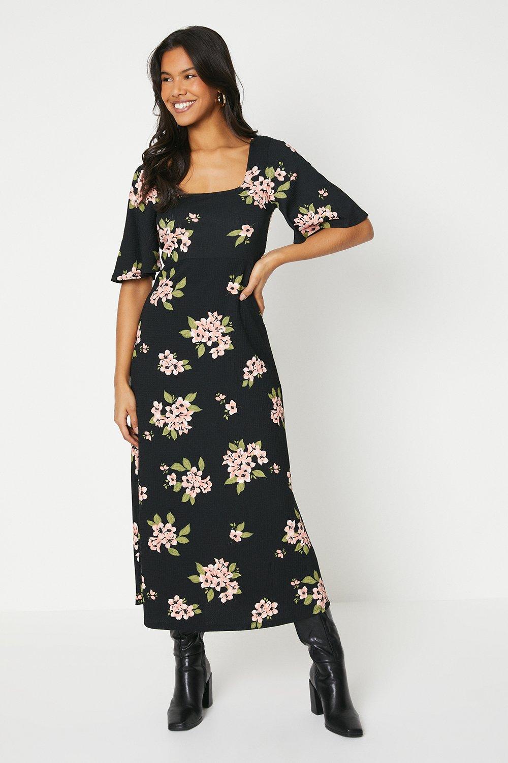 Women’s Tall Floral Flutter Sleeve Midi Dress - 12