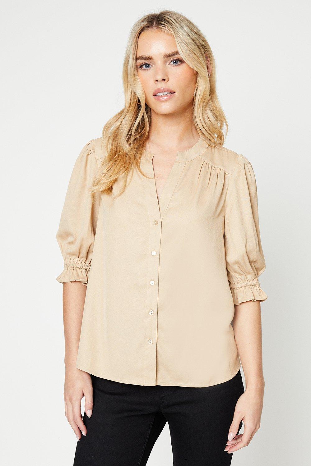 Womens Petite Button Front Half Sleeve Overhead Blouse