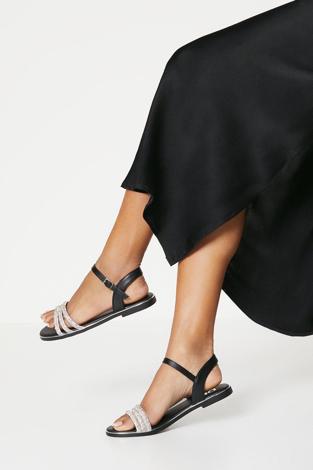 Women's Wide Fit Fern Embellished Flat Sandals - black - 8