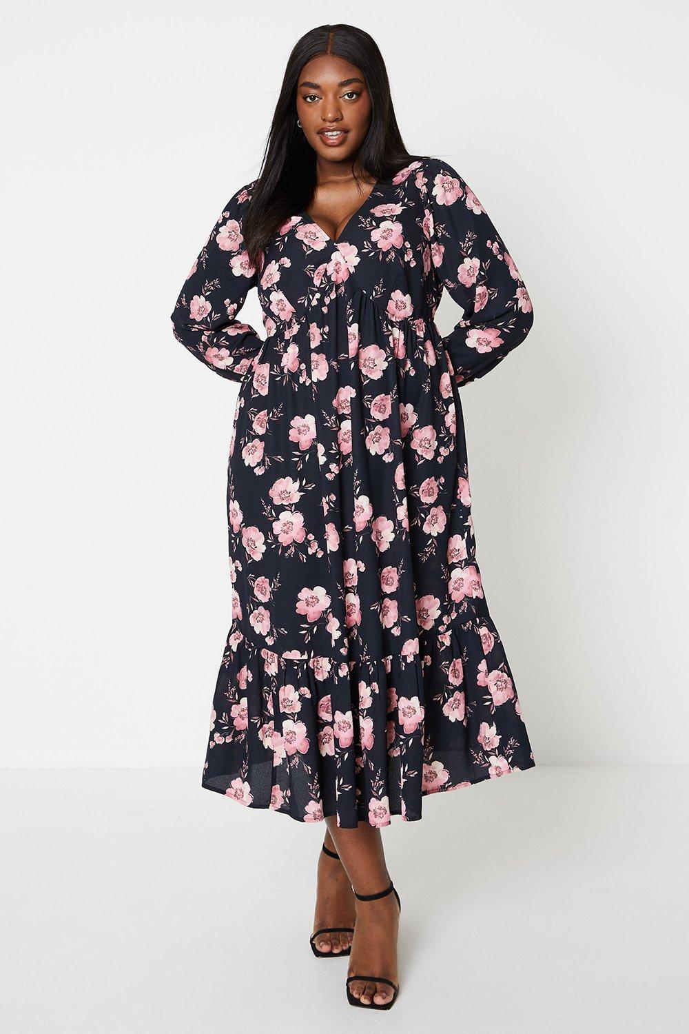 Women’s Curve Tiered Long Sleeve Midi Dress - floral - 24