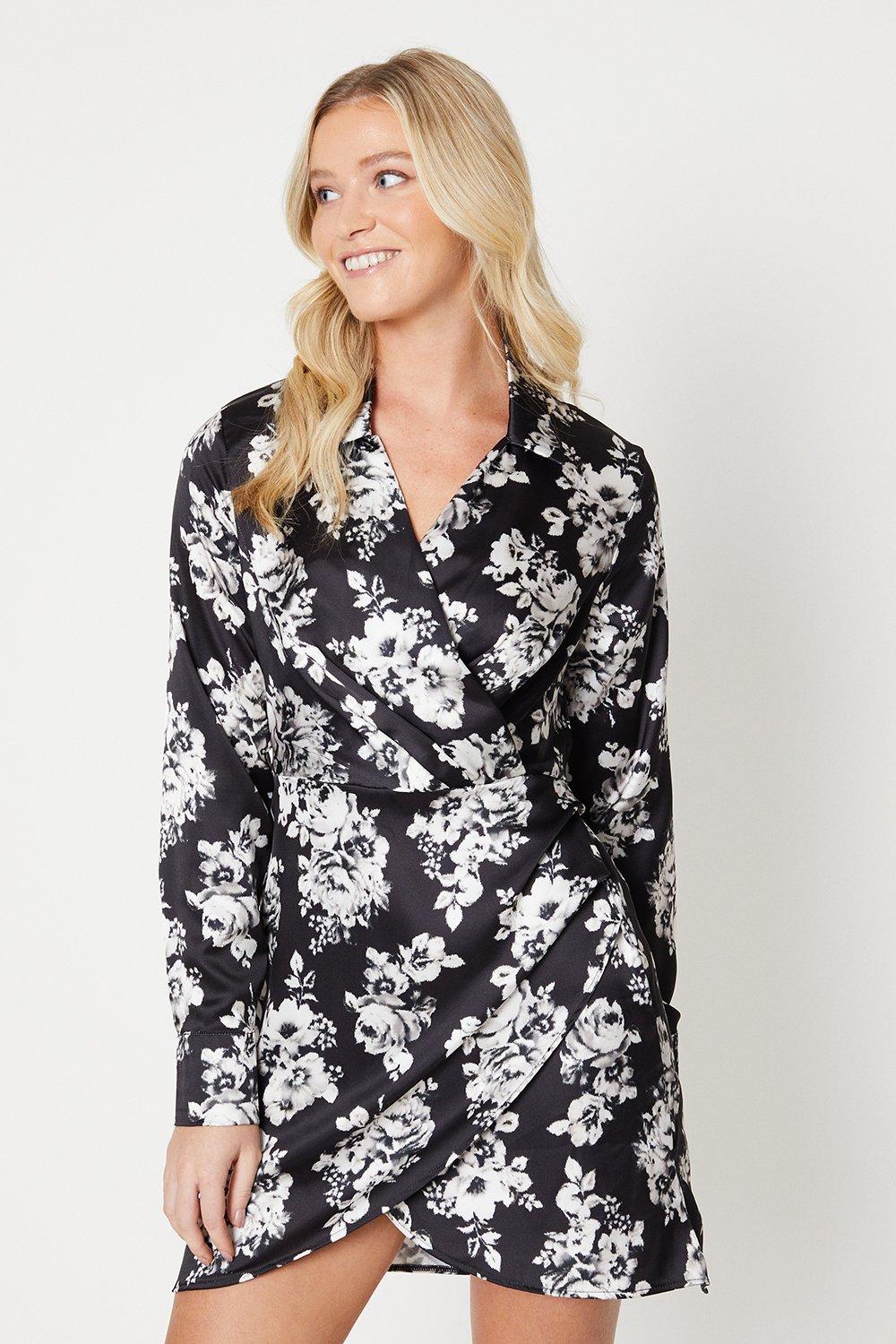 Womens Floral Wrap Over Ruched Mini Dress