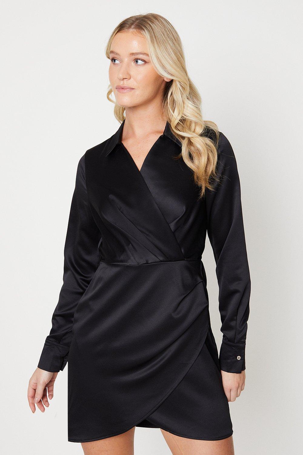 Women's Black Wrap Over Ruched Mini Dress - 14