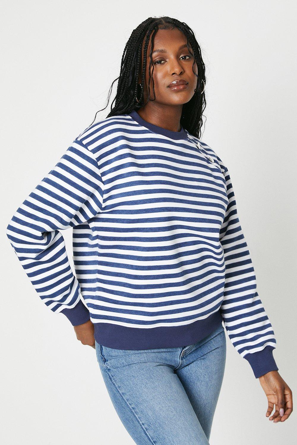 Women’s Button Shoulder Detail Sweatshirt - stripe - XL