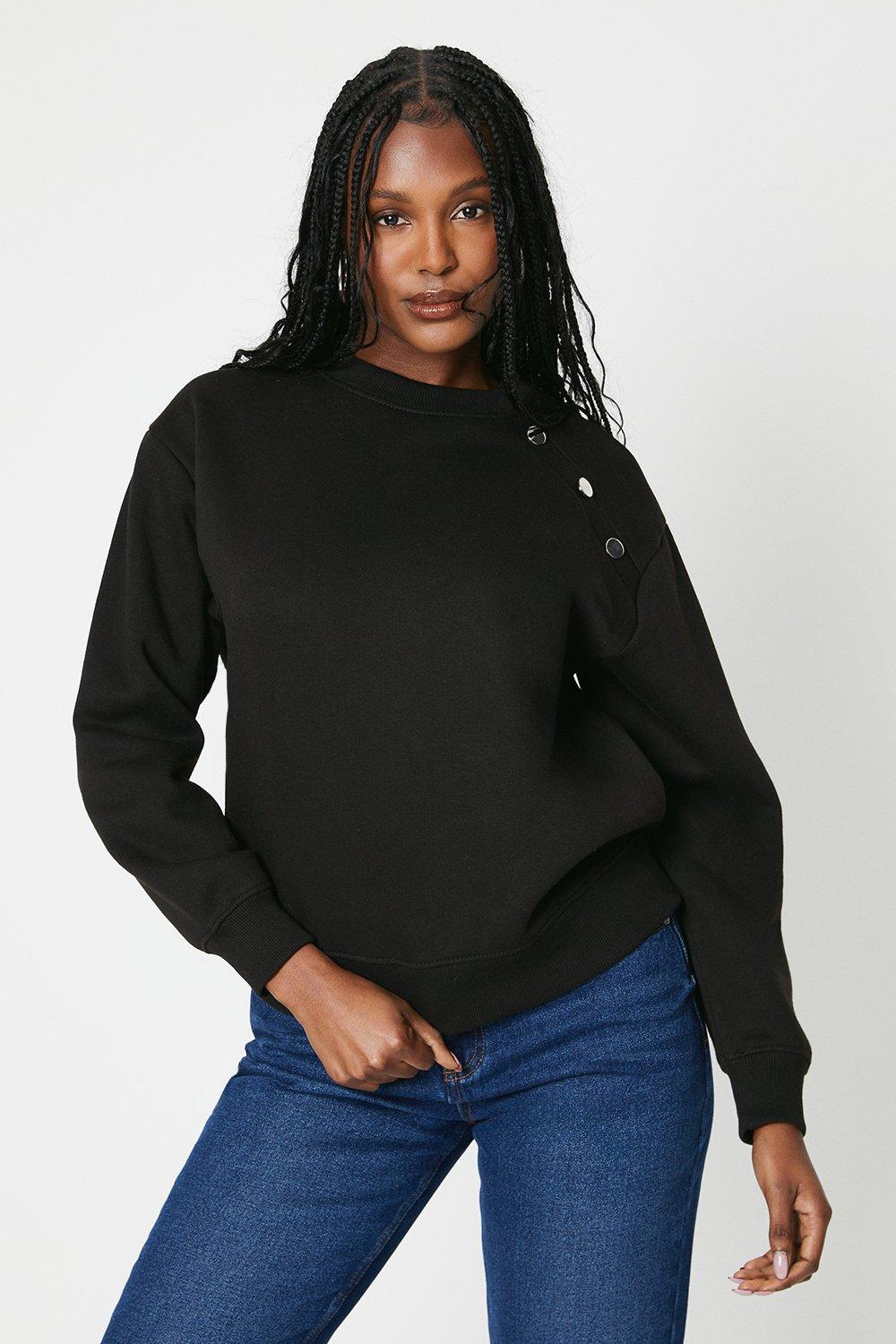 Women's Button Shoulder Detail Sweatshirt - black - XL