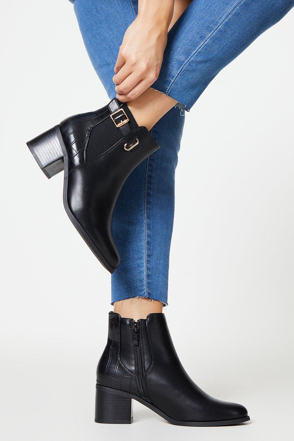 Image of Womens April Buckle Detail Mixed Material Block Heel Ankle Boots