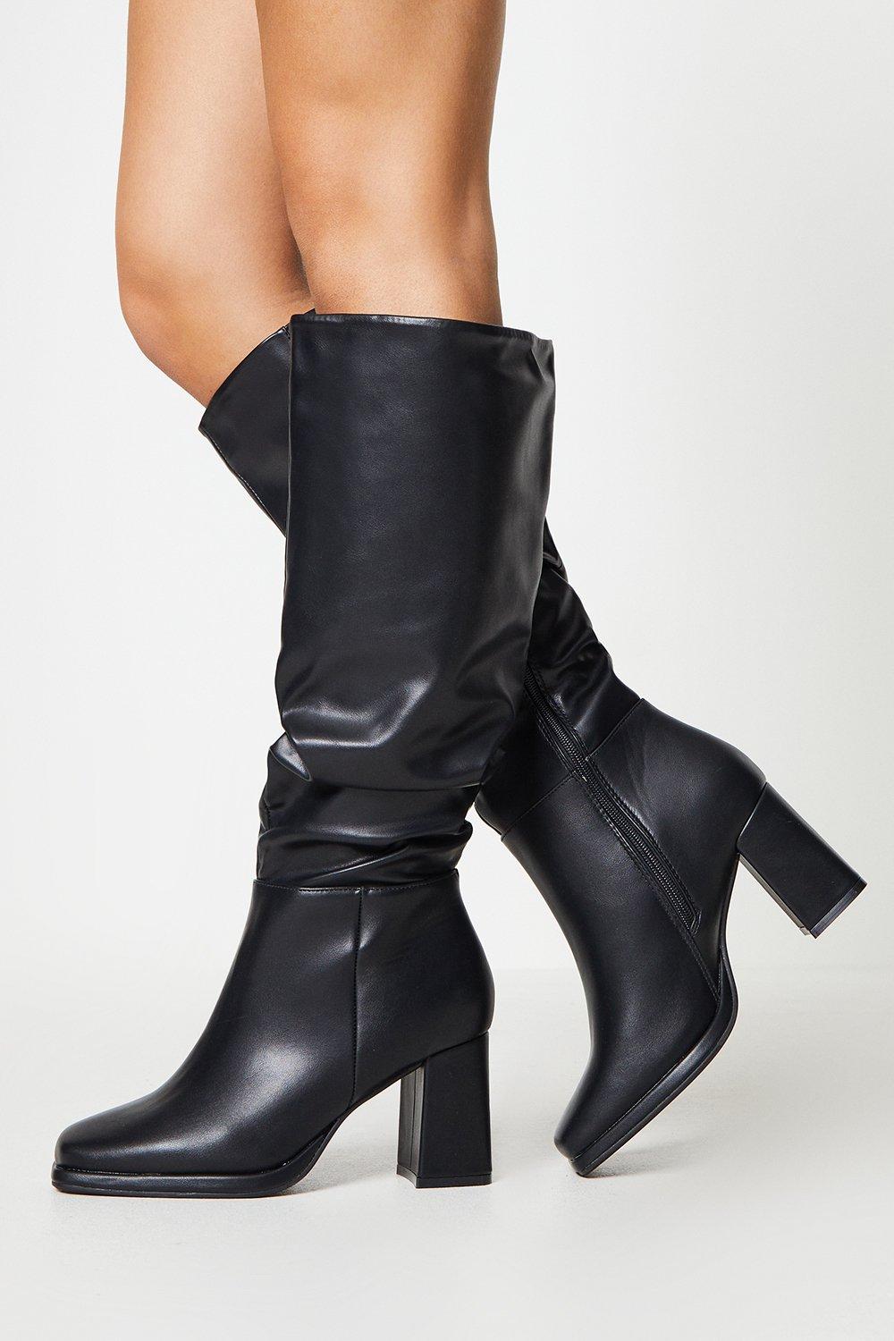 Black leather block outlet heel knee high boots