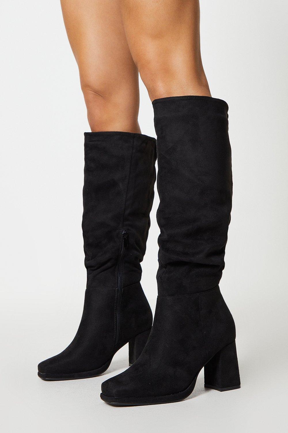 Women’s Wide Fit Karsa Block Heel Ruched Knee High Boots - natural black - 5
