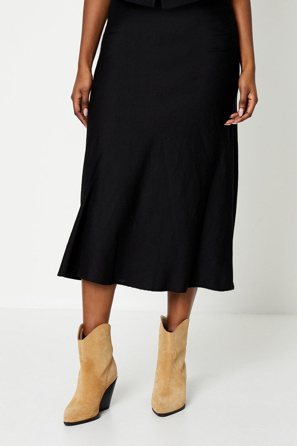 Women's Linen Look Bias Cut Midi Skirt - black - 16