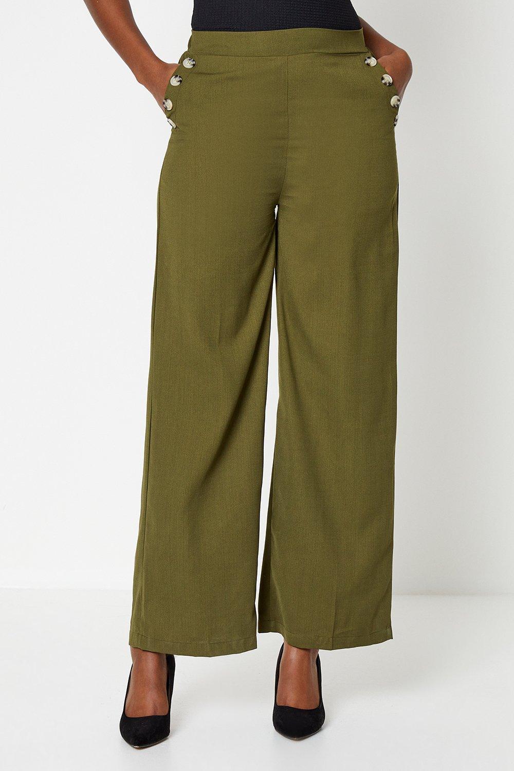 Women's Button Pocket Straight Leg Trousers - khaki - 14
