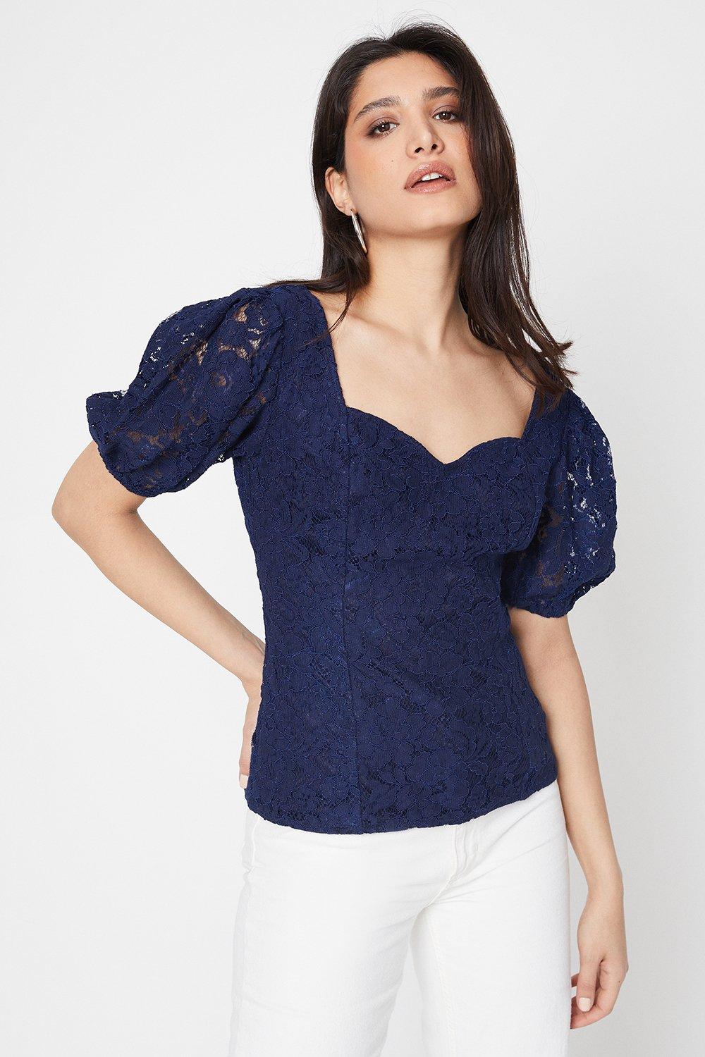 Women’s Lace Puff Sleeve Blouse - navy - 18