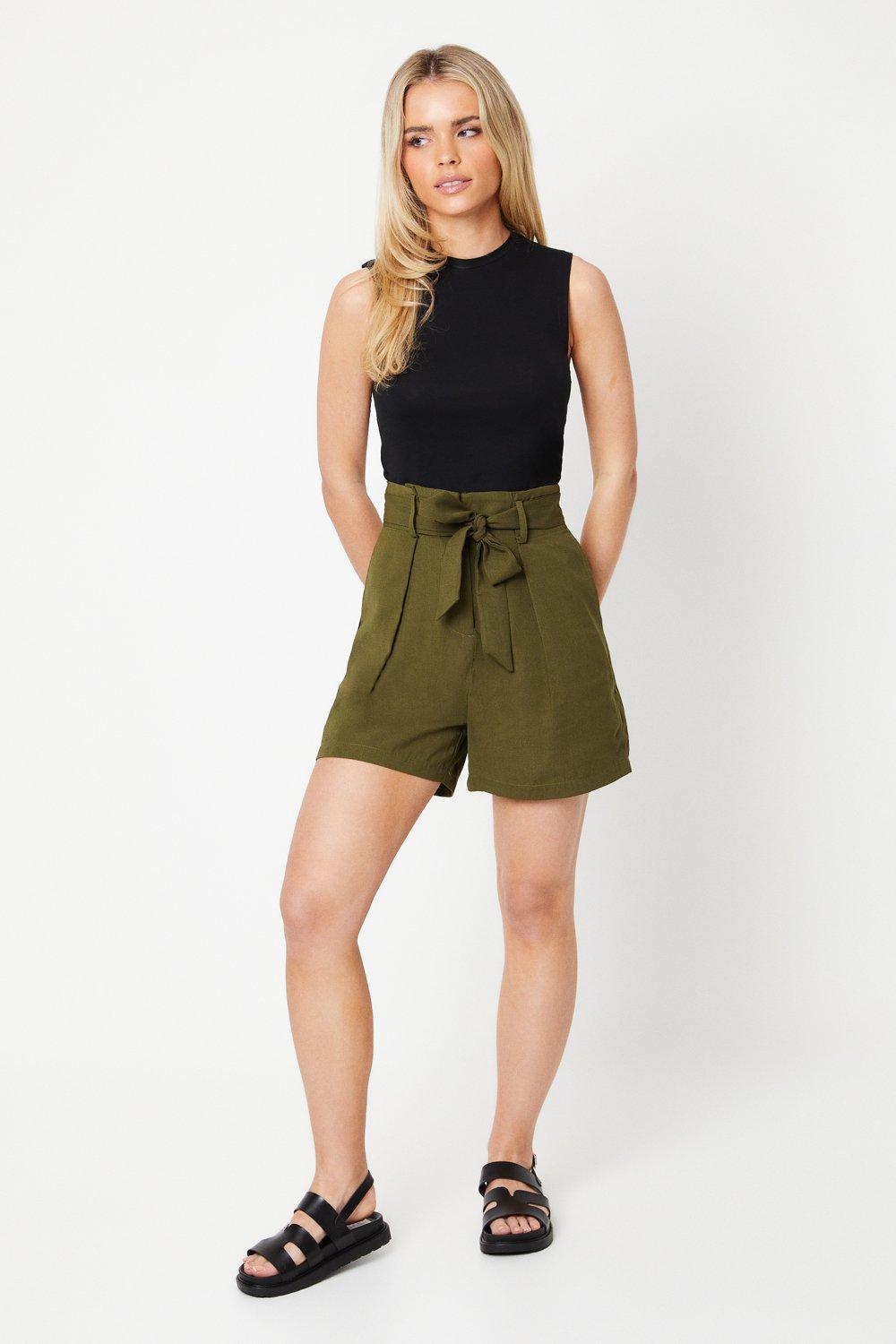 Womens Petite Belted Paperbag Waist Shorts