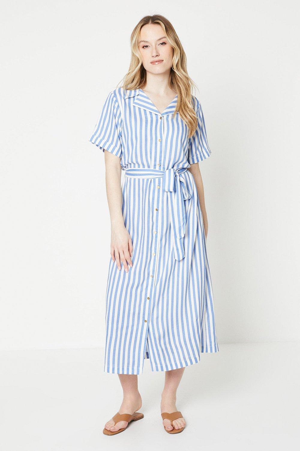Womens Blue Stripe Midi Shirt Dress