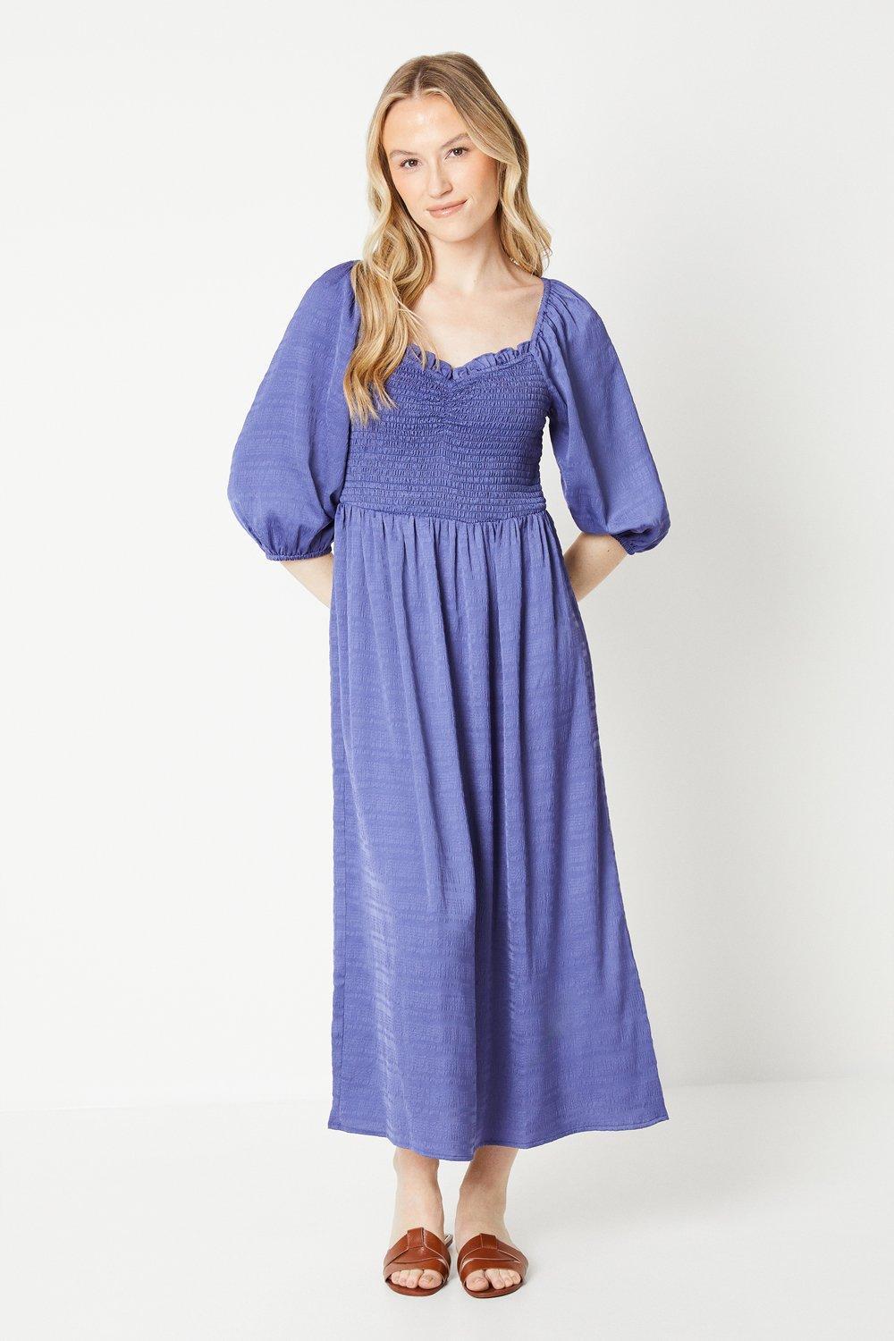 Womens Blue Shirred Bodice Midi Dress
