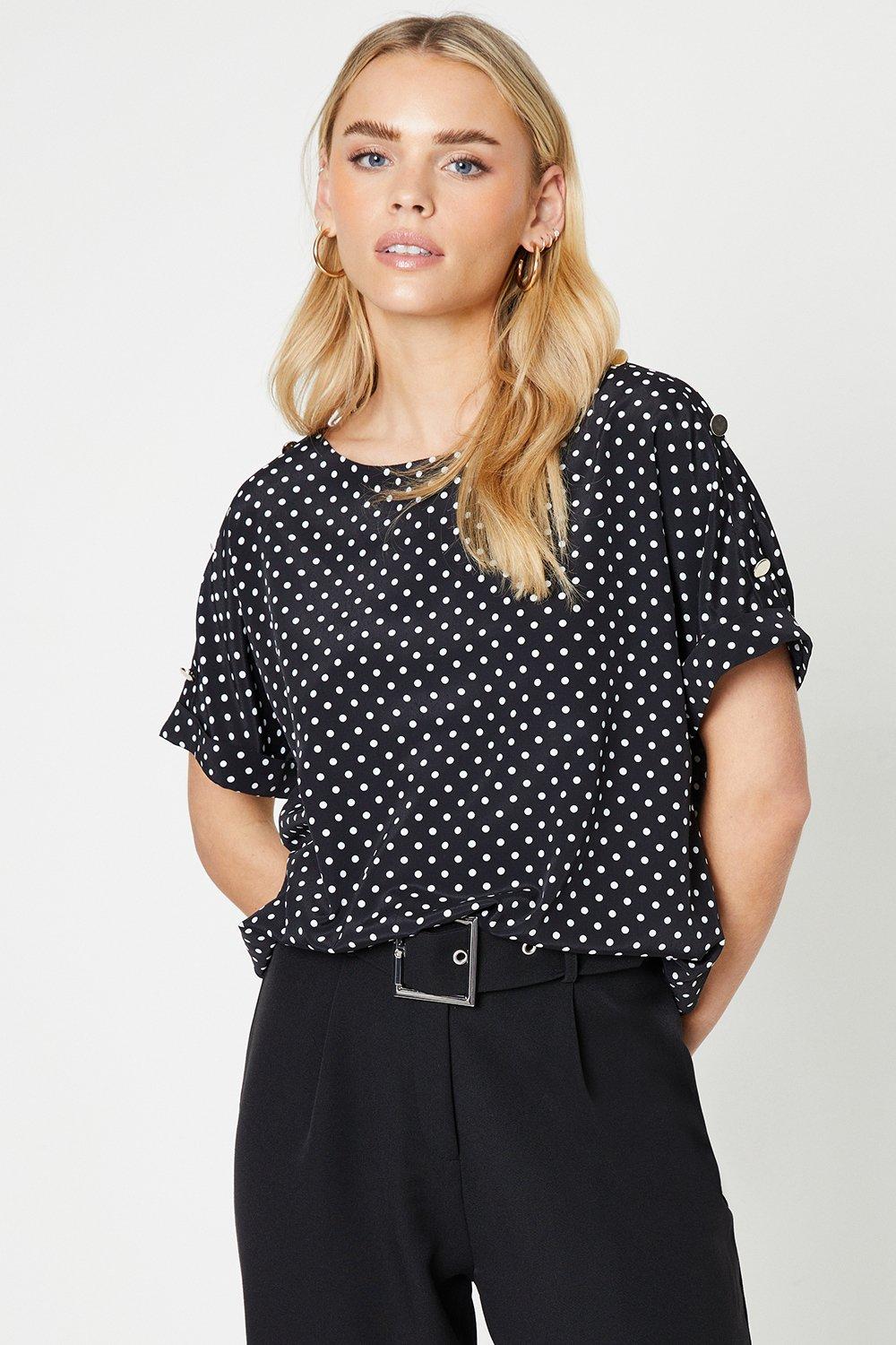 Women’s Petite Spot Button Shoulder Roll Sleeve Blouse - black - 10