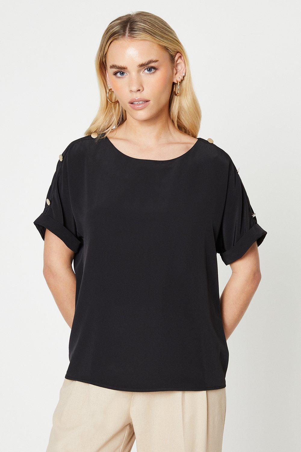 Women’s Petite Button Shoulder Roll Sleeve Blouse - black - 10