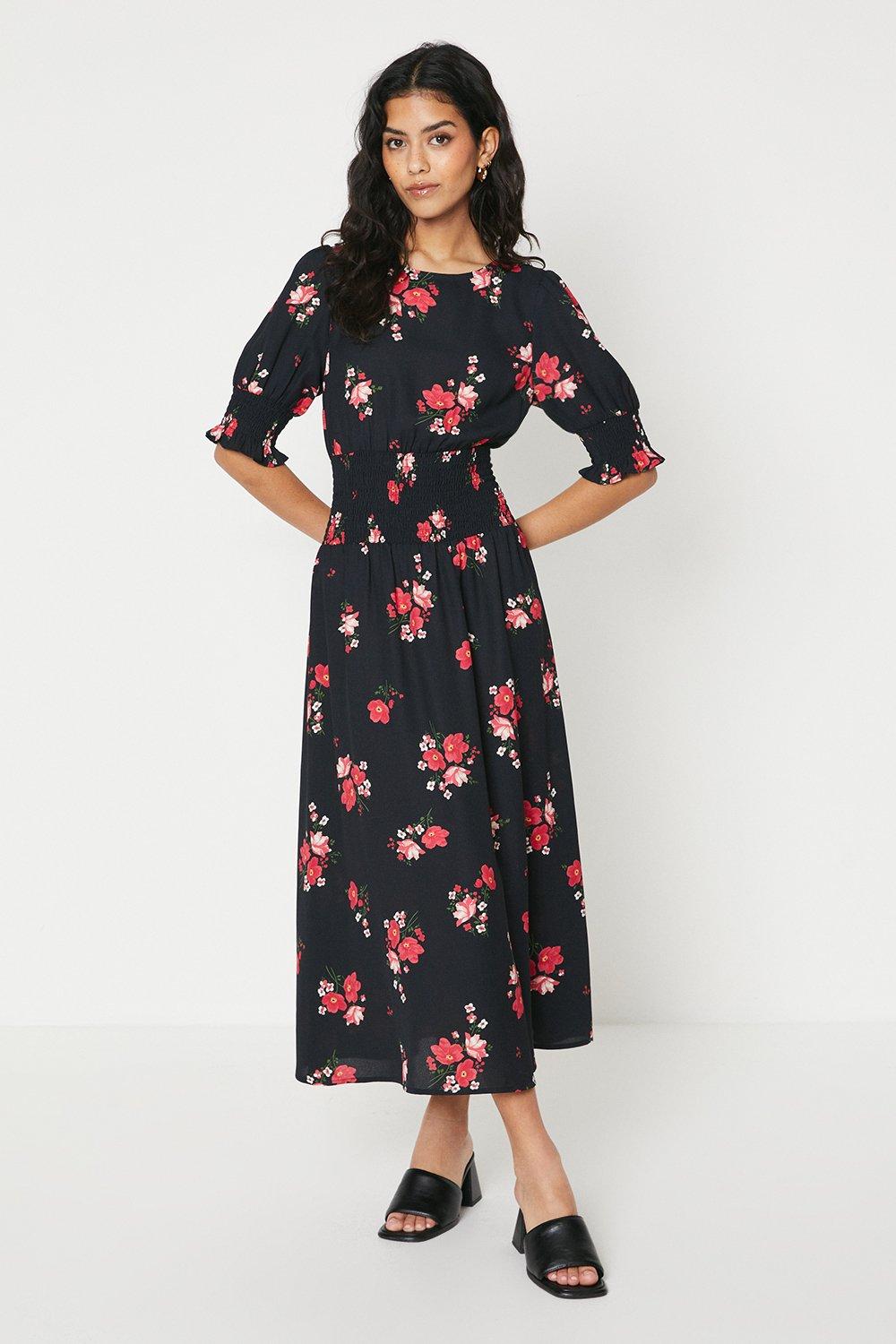 Women's Petite Floral Shirred Waist Midi Dress - 16