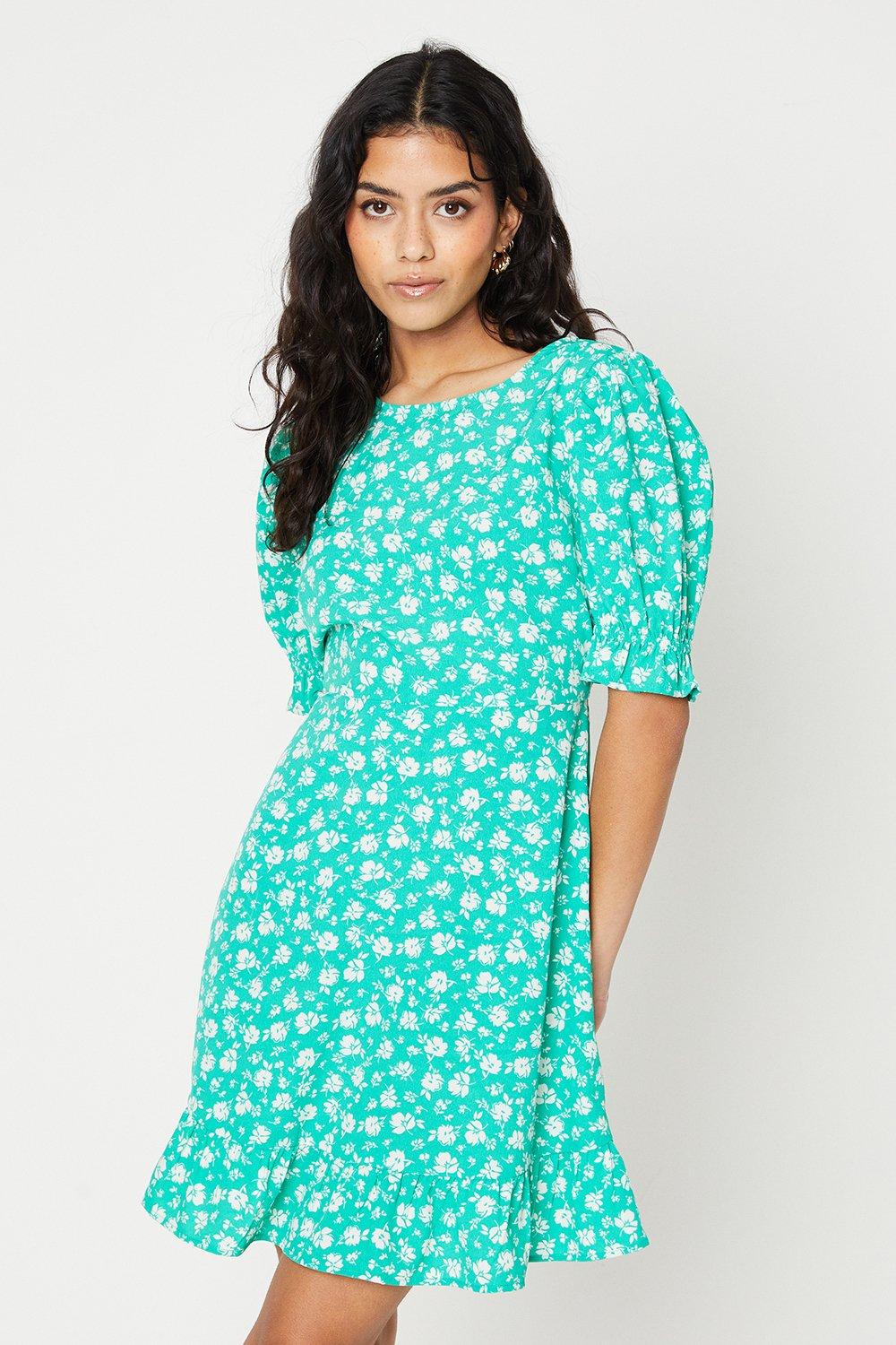 Women's Petite Green Floral Frill Hem Mini Dress - 6