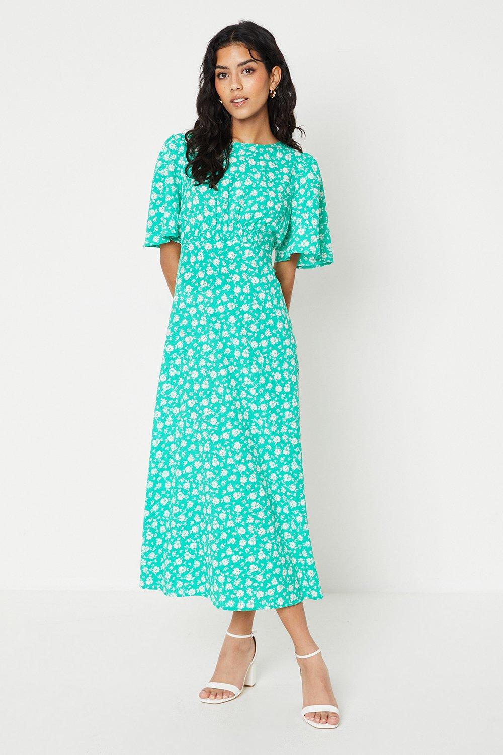 Women's Petite Green Floral Flutter Sleeve Midi Dress - 10