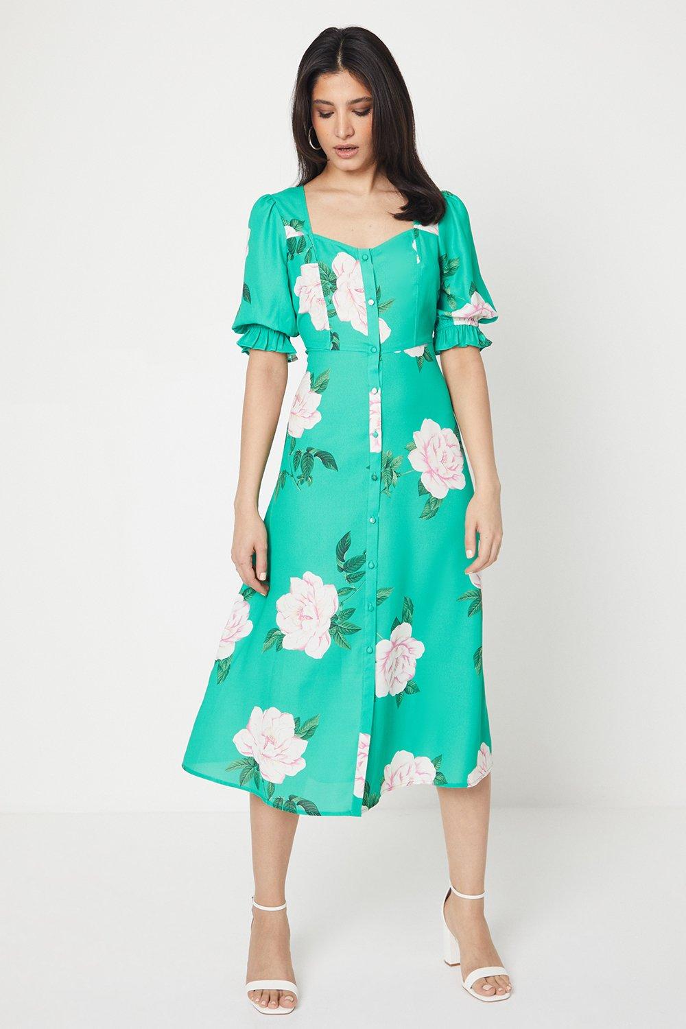 Womens Green Floral Button Through Midi Dress