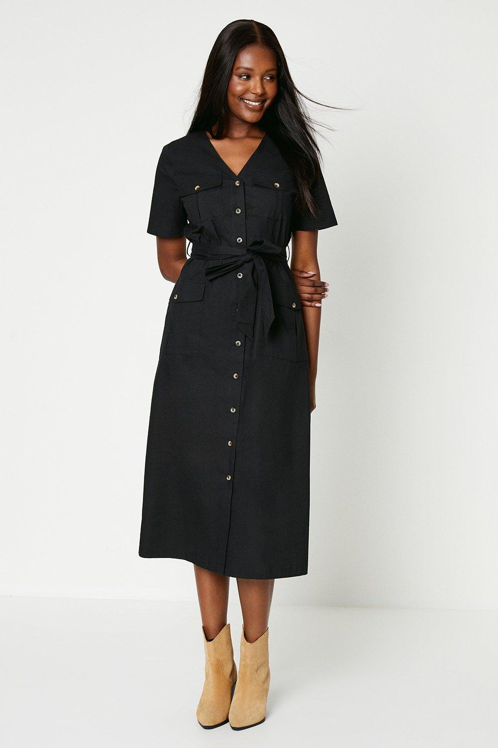 Women’s Cotton Poplin Utility Midi Shirt Dress - black - 16
