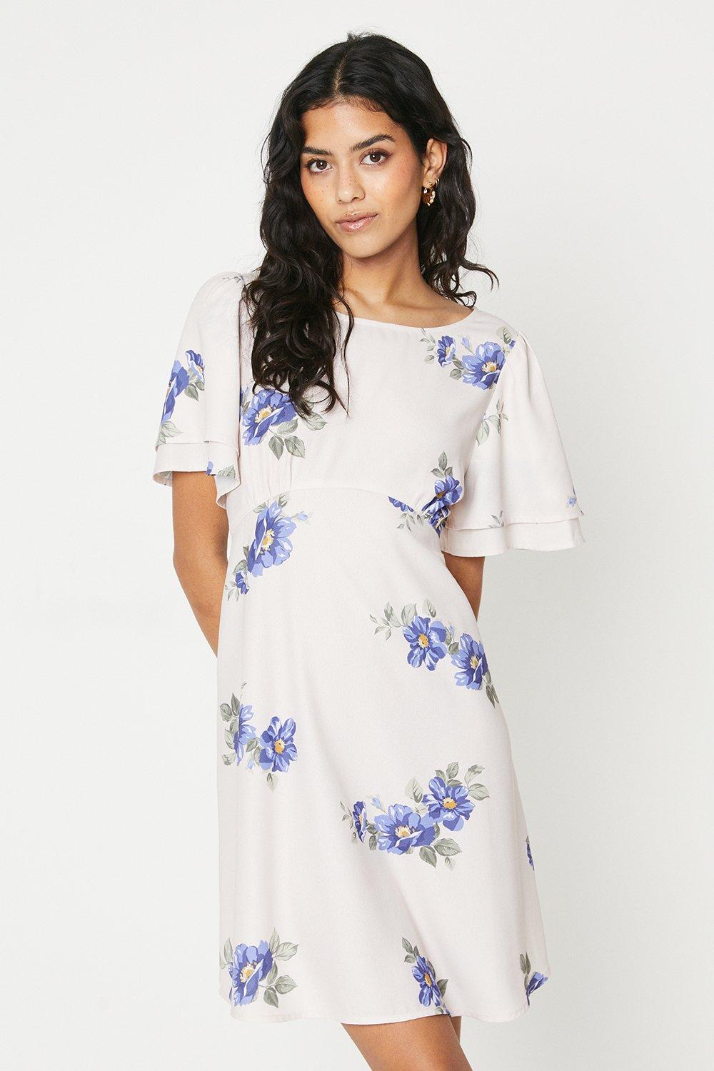 Women’s Petite Ivory Floral Flutter Sleeve Mini Dress - 6