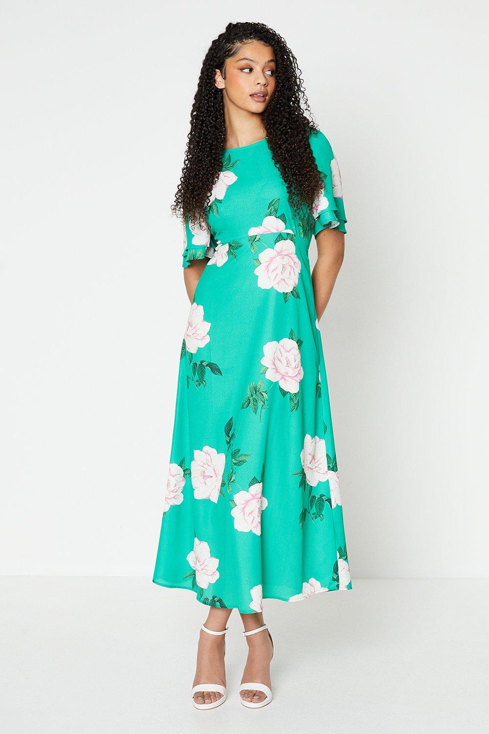 Womens Tall Green Floral Flutter Sleeve Midi Dress