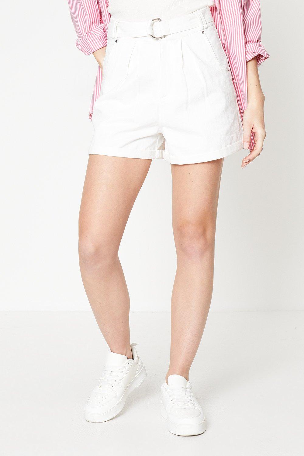 Womens Pleated Belted Twill Shorts