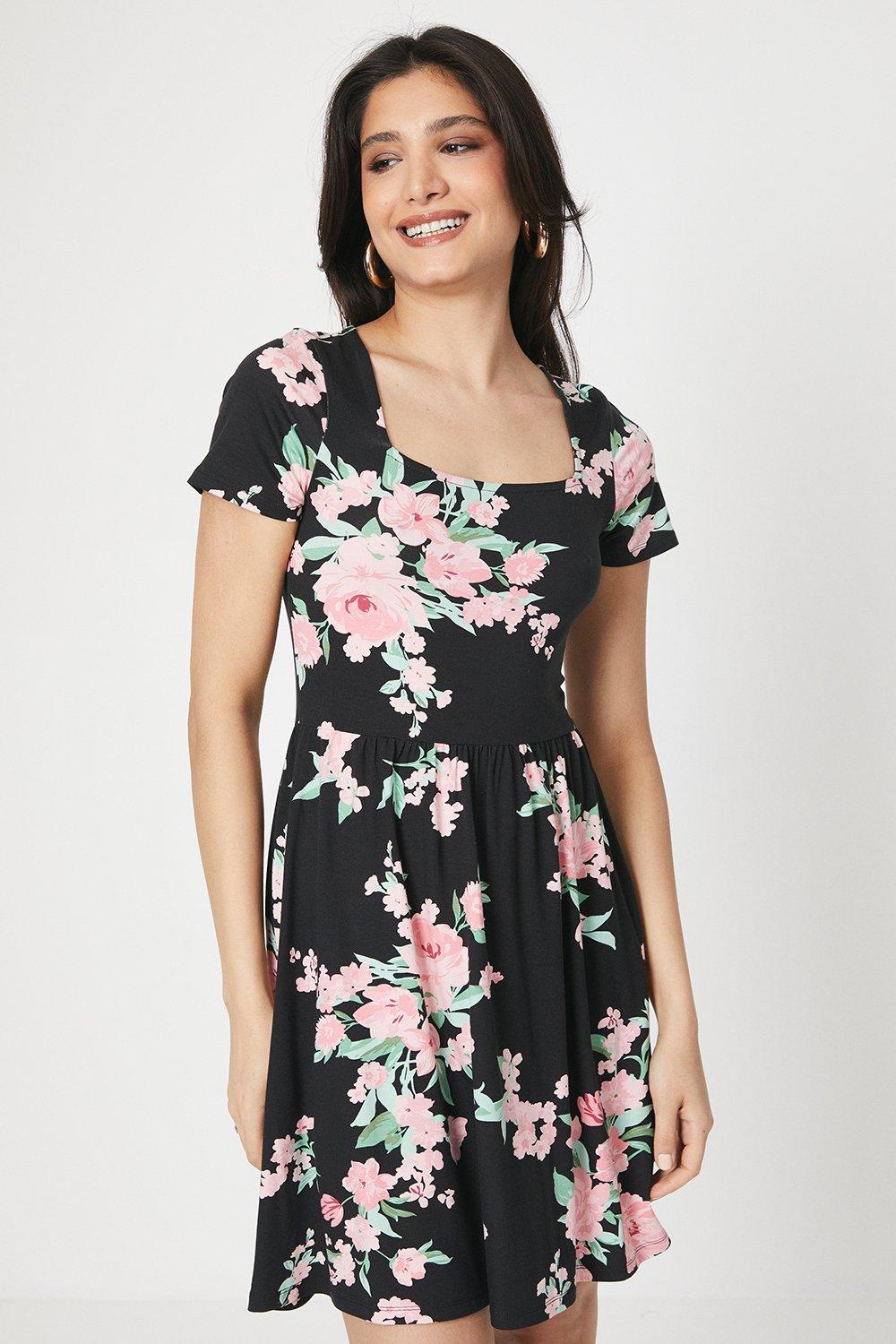 Floral Square Neck Short Sleeve Mini Dress