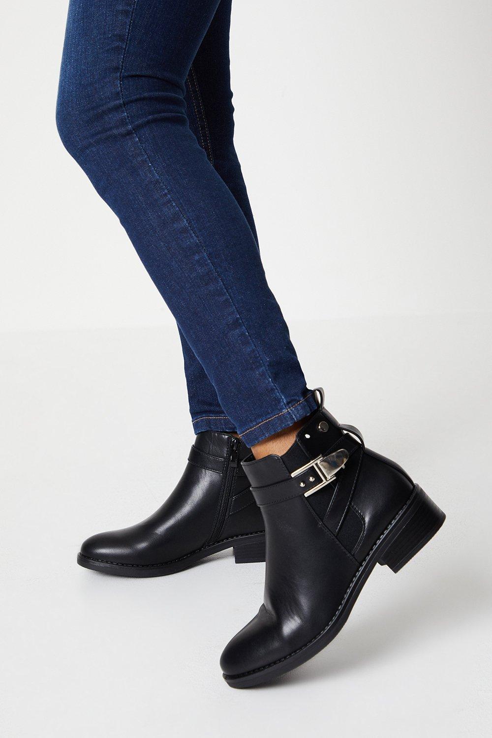 Womens Amelie Buckle Strap Detail Almond Toe Ankle Boots