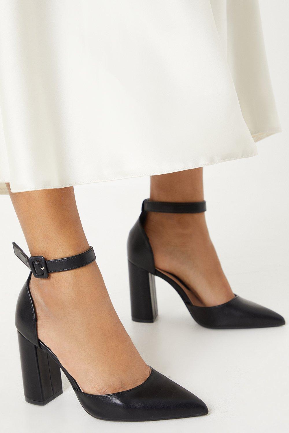 Womens Faith: Carmi Ankle Strap High Block Heel Pointed Court Shoes