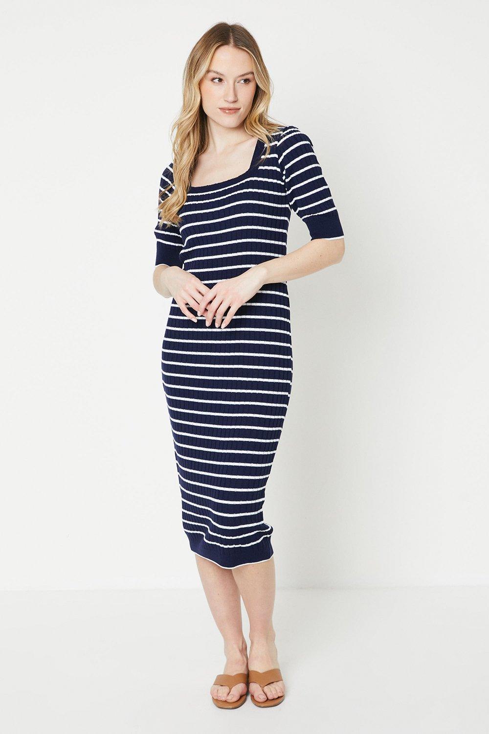 Womens Square Neck Stripe Ribbed Knitted Midi Dress