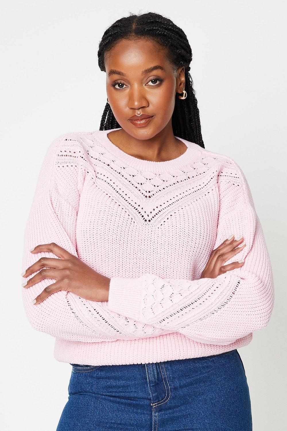 Women’s Pointelle Yoke Detail Knitted Jumper - pink - XL