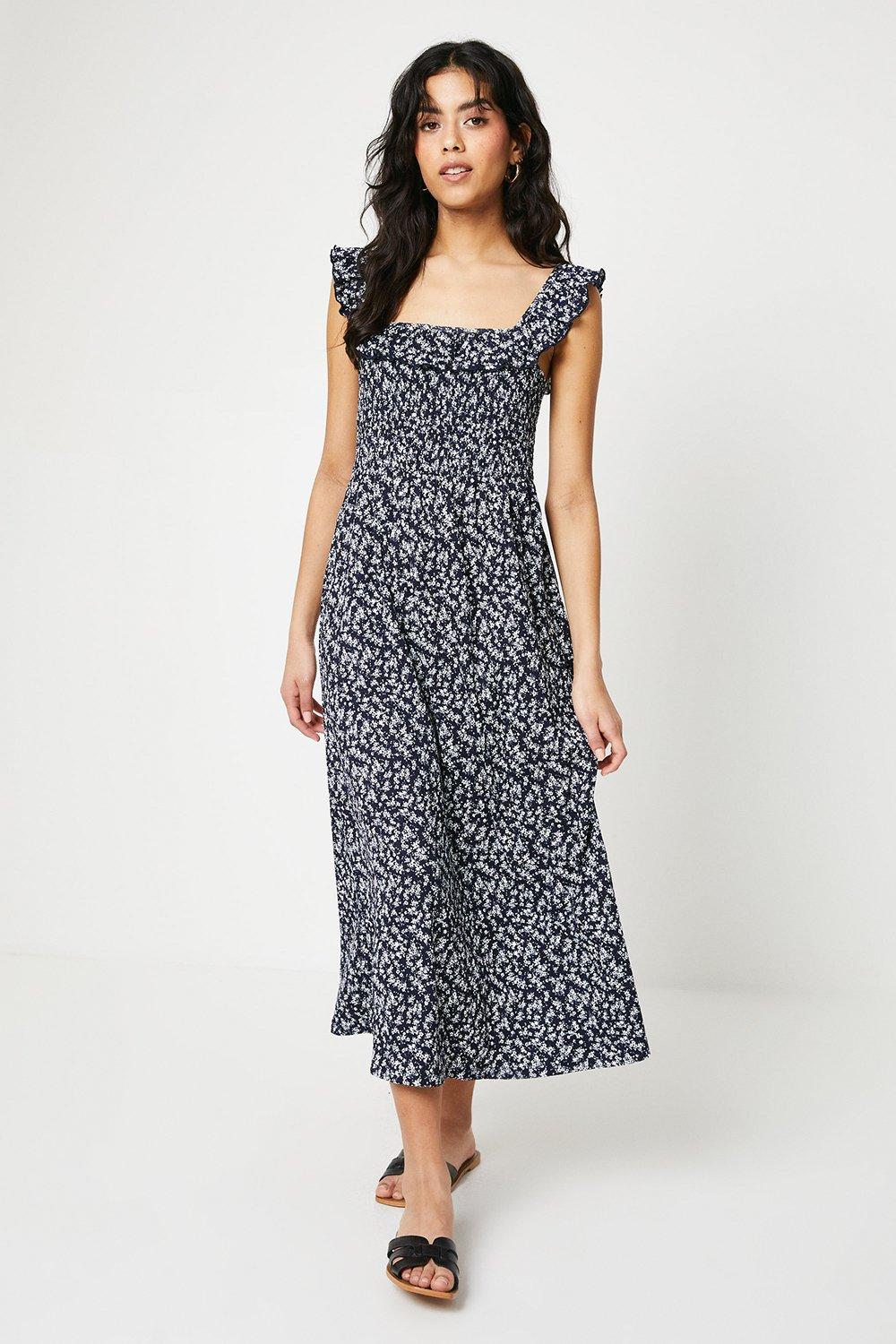 Dresses | Petite Navy Ditsy Shirred Body Frill Neck Midi Dress ...