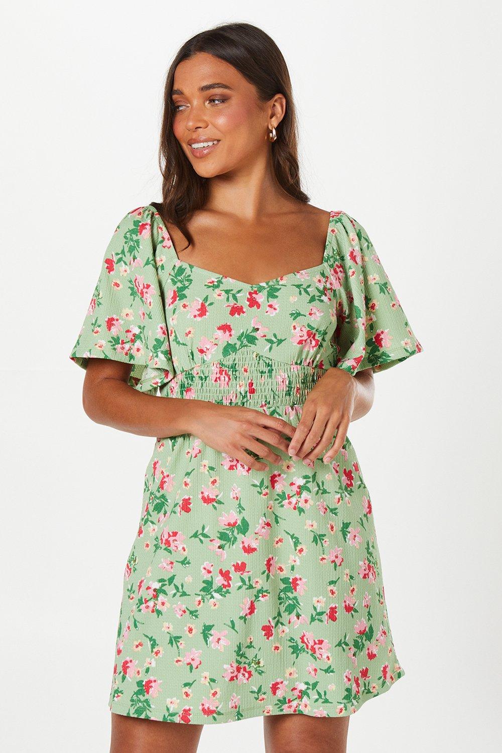 Dresses | Petite Sage Floral Shirred Waist Detail Mini Dress | Dorothy ...